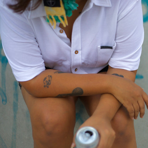 Close up product image of the White Wine shirt by Holystoked, worn by a model.
