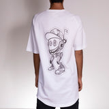 How the Dandruff White shirt looks from the back. It also comes with robot-inspired artwork.