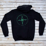 Holystoked Apparel - green logo hoodie from rear view.