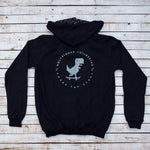 Rear view of the Holystoked Offline Hoodie with white artwork.