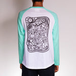Rear view of skater wearing Poser Mint by Holystoked, with skate-art.